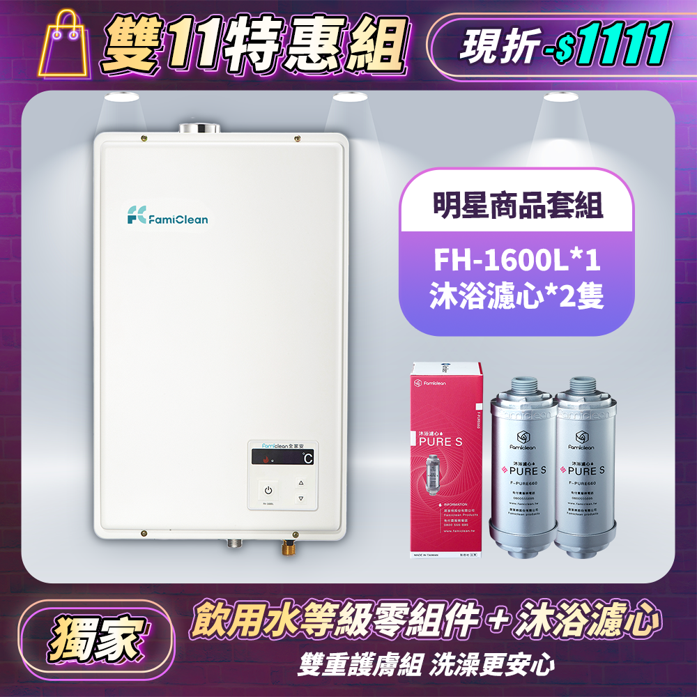 數位恆溫強排熱水器FH-1600L+PureS沐浴過濾濾心F-PURE660*2